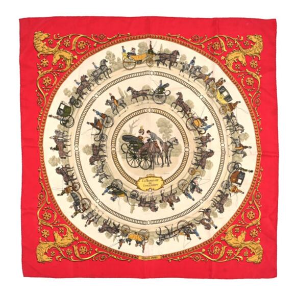 HERMES La Promenade De Longchamps Burgundy, Biege & Gold Silk Scarf 90CM - Picture 1 of 7